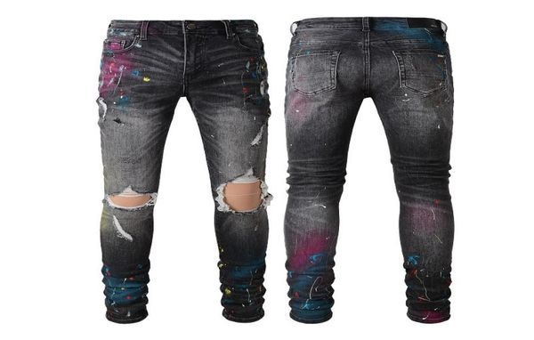 

distressed hole painted homme mens denim jeans slim fit leg04958599, Blue