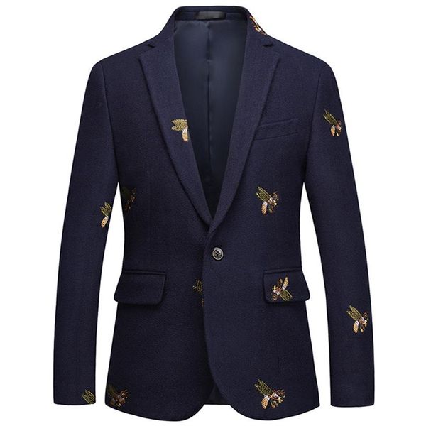 

mens one button blazer bee embroidery wedding smart casual slim fit jacket big size 6xl navy blue clothes179l, White;black