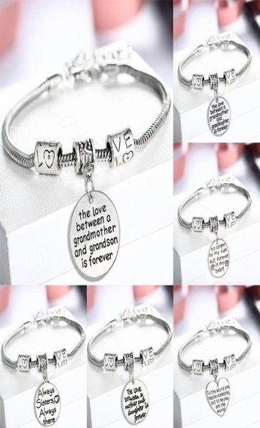 

5pcslot 6styles vintage silver pendant charm engraved love grandmother sister daughter bracelet bangle as gift for family3664041, Golden;silver