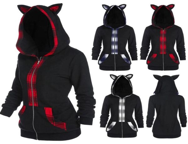 

ladies plaid cute cat ears plush hoodie sweatshirt hooded embroidered pullover casual warm sweatshirt 50n women039s hood3655457339759, Black