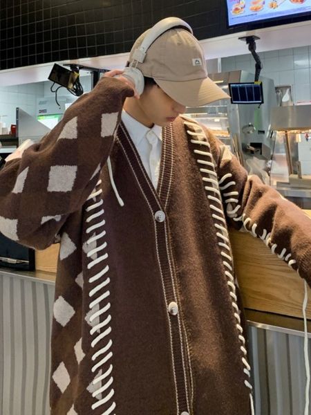

men's sweaters mafokuwz vintage plaid sweater autumn winter oversize cardigan knitted trend collision color casual coat 230822, White;black