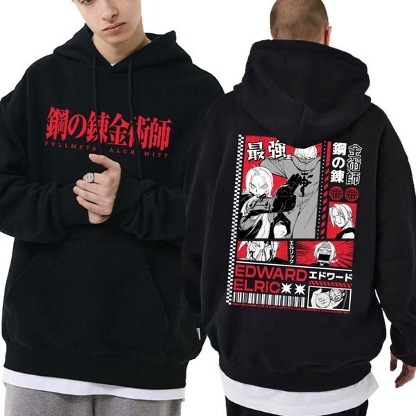 

men's hoodies sweatshirts japan anime fullmetal alchemist edward elric print hoodie male cotton oversized men women manga trend vintage, Black