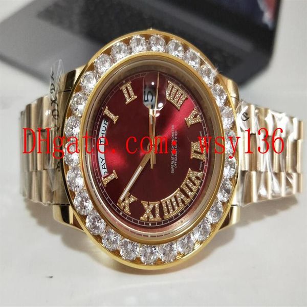 

luxury -selling red dial mens wrist watch day-date ii 18k yellow gold 41mm president 228238 diamond men's casual watches177u, Slivery;brown