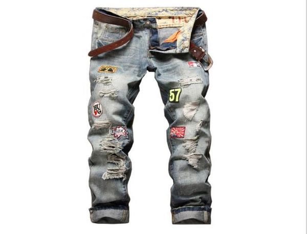 

mens fashion designer ripped jeans retro blue badge washed biker denim pants hip hop distressed trousers jb7775893786