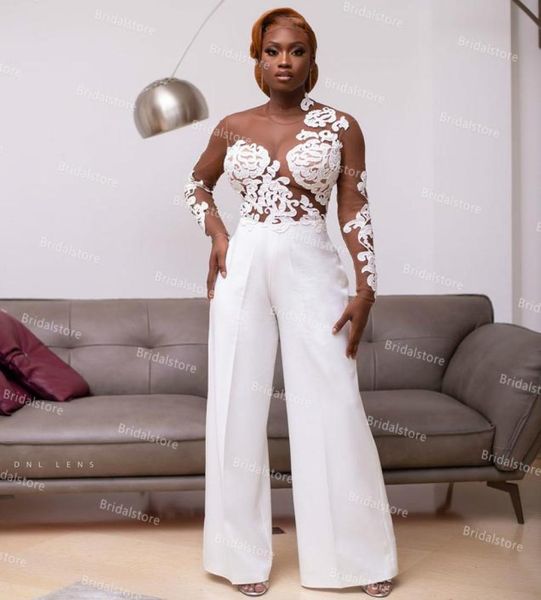 

nigeria african jumpsuit wedding dress wih long sleeve see through lace pant suit satin bohemian beach bridal dresses bac7079812, White