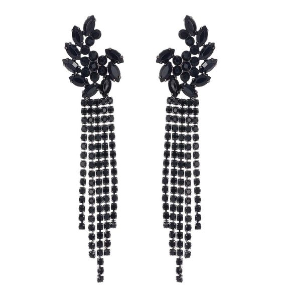 

shiny black rhinestone long tassel wedding dangle earring for women luxury crystal drop earrings jewelry gift9506022, Silver