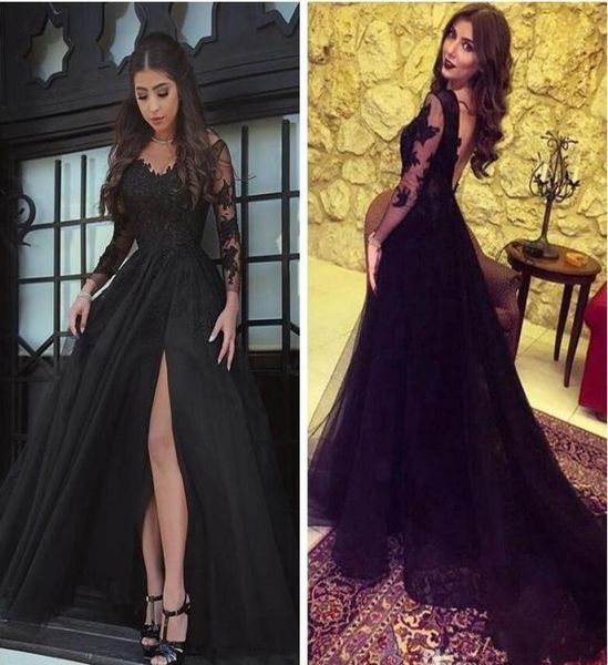 

backless evening dresses wear v neck sheer long sleeves black prom dress 2018 new lace appliques side split formal party gown7188759, Black;red
