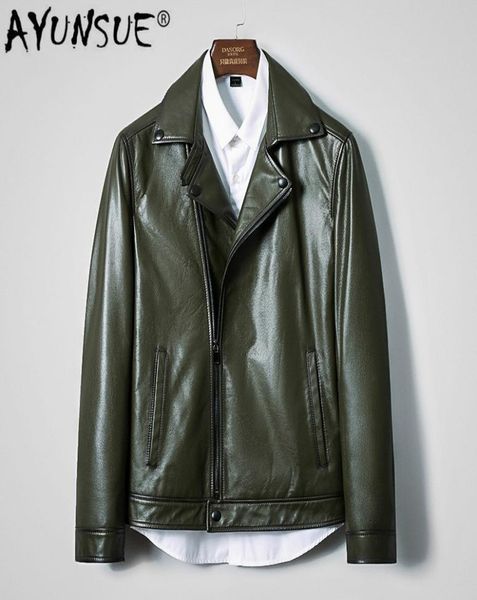 

ayunsue genuine leather jacket men spring autumn cowhide coat short dark green mens leather jackets korean deri mont kj27268863066, Black