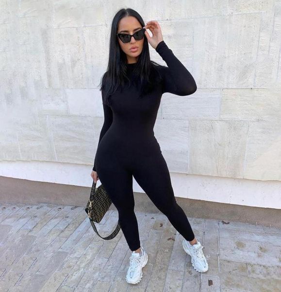 

long sleeve ladies grey black bodycon jumpsuit women elastic skinny one piece summer rompers womens jumpsuit female18588949, Black;white