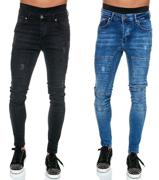 

men039s skinny jeans mens ripped frayed slim fit denim pencil pants hip hop black streetwear pleated casual trousers hommes jea7477336, Blue