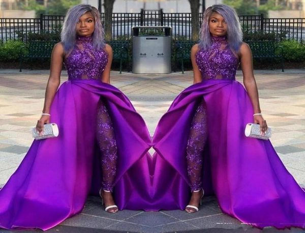 

2020 purple jumpsuits prom dresses with detachable train high neck lace appliqued bead evening gowns luxury african party women pa2542858, Black