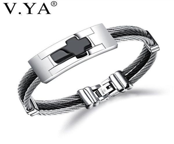 

charm bracelets vya 3 rows wire chain cuff cross stainless steel men punk diy custom engrave man jewelries black silver color ban9381812, Golden;silver