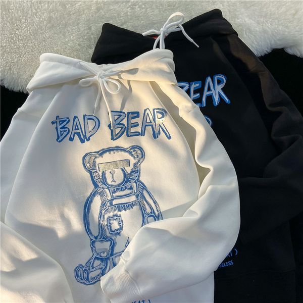 

men s hoodies sweatshirts retro bear hooded sweater women s winter fleece thickening loose lazy wind bf couple pullover hoodie y2k 230822, Black