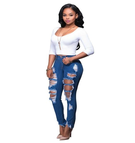 

blue fashion ripped jeans women plus size boyfriend jeans lady pant capris denim elastic cotton straight pant high waist1780701