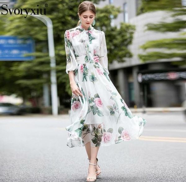 

svoryxiu runway designer summer long dress women039s elegant bow collar rose flower print bohemian holiday chiffon dresses y2006372159, Black;pink