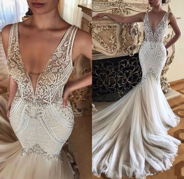 

arabic vintage mermaid wedding dresses deep v neck lace beaded bridal gowns custom made tulle beach wedding dress9536008, White