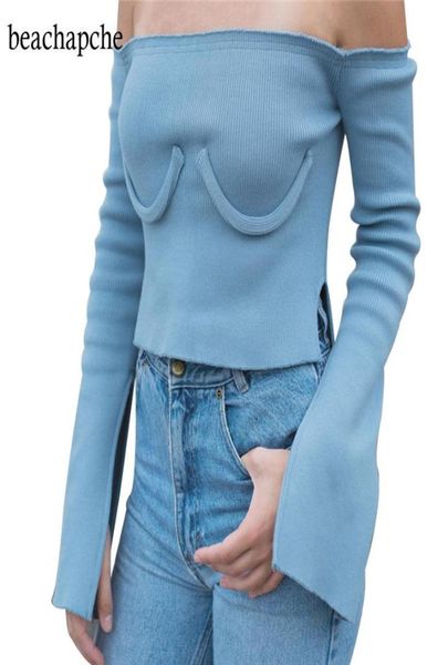 

women039s tshirt off shoulder split sleeve ribbed breast summer autumn cropped tee8800379, White