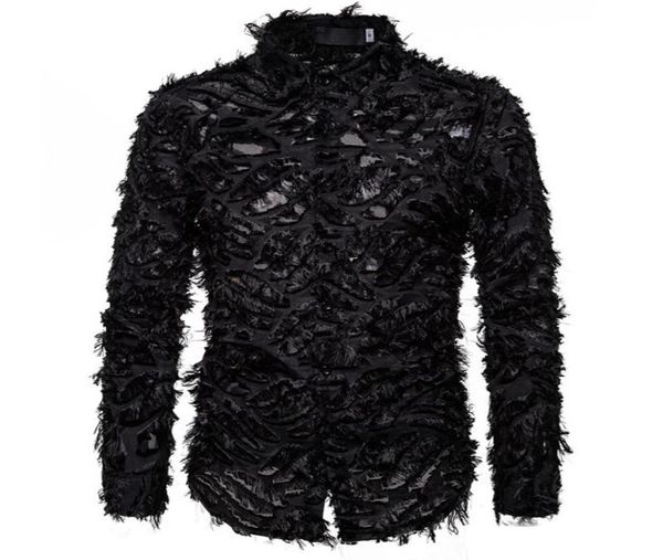 

black feather lace shirt men 2020 fashion brand nightclub singer mens dress shirts event party prom camisa social masculina2421877, White;black