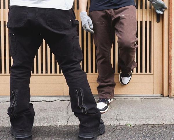 

back ankle zipper spliced straight flare pants mens high street washed retro loose casual jeans hip hop denim trousers9554990, Blue