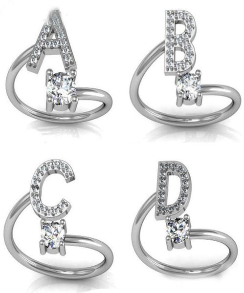 

fashion 26 letters silver ring for women rhinestone open az initial letter finger rings female engagement ring jewelry party gift5877589