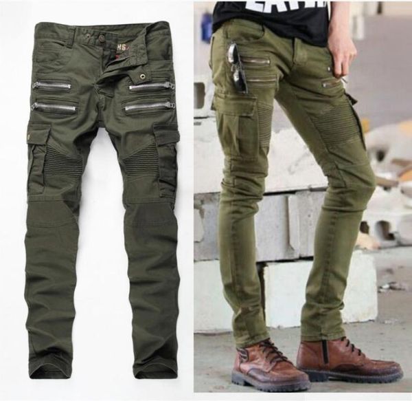 

new men designer army green biker jeans men straight slim fit stretch denim skinny jeans mens trousers4758839, Blue