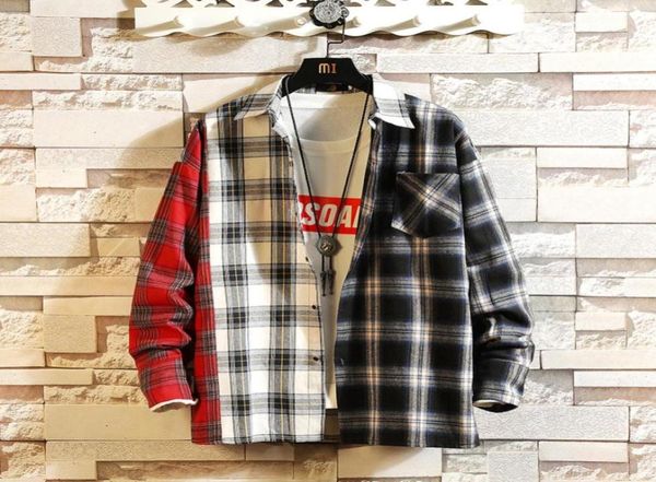 

men039s casual shirts yasuguoji 2021 autumn model hiphop plaid patchwork long sleeve shirt men fashion contrast color checkere69821233868, White;black