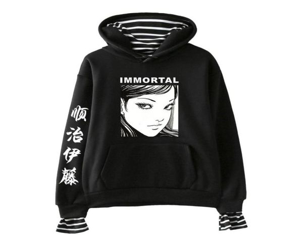 

horror comic junji ito hoodies women men fake two piece hooded sweatshirt harajuku streetwear hip hop pullover hooded jacket6934813, Black