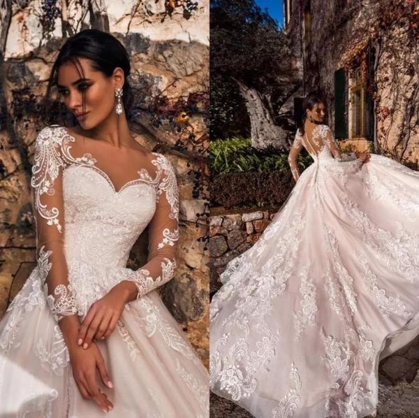 

elegant aline wedding dresses lace sweetheart long illusion sleeves sweep train wedding dress bridal gowns vestidos de novi7746112, White