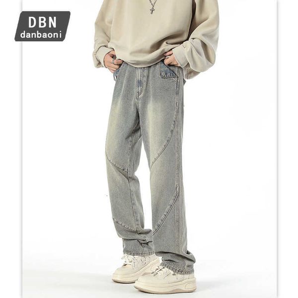 

dan baoni | autumn new american small market design sense spliced straight leg jeans men's high street loose long pants, Blue