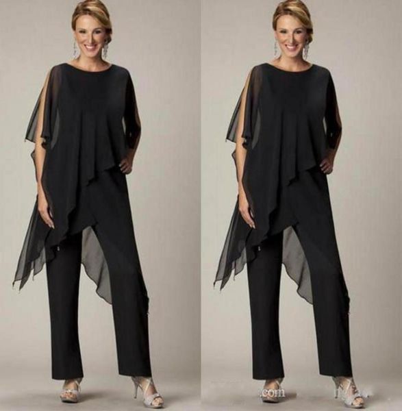 

elegant black mother of the bride pant sutis chiffon bateau neck asymmetrical wrap style modest mother039s suit for weddings cu7764555, Black;red