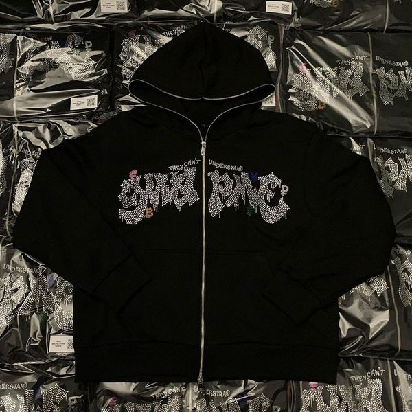 

men's hoodies sweatshirts y2k full face zipper hoodies sweatshirt loose oversized gothic letter star print men's women's stre, Black