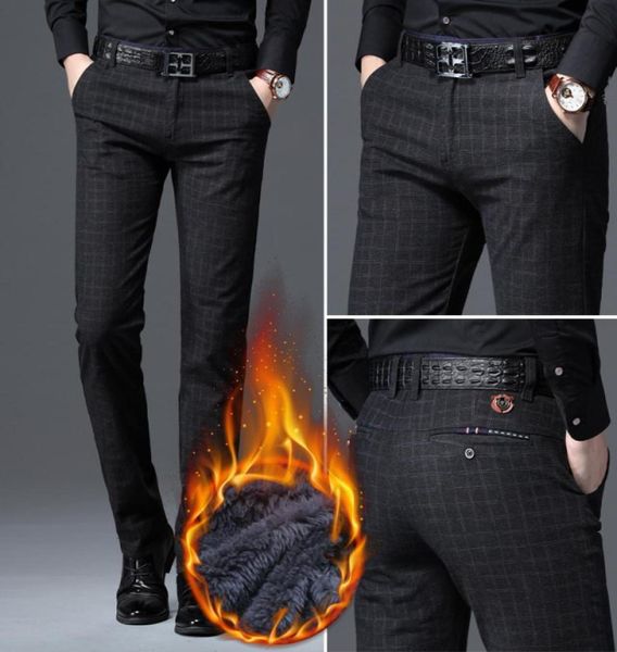 

2020 winter men warm casual pants business fashion knitting elasticity slim thick trousers male brand clothes fleece3360343, Black