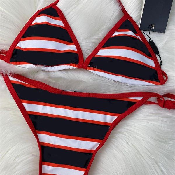 

2021 retro striped swimsuit sling bandage beach suit letter print swimwear summer vacation clothing ready to ship241e