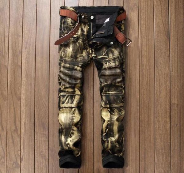 

mens biker jean trousers histreet slim fit painted denim joggers male straight pleated moto jeans pants7456670, Blue