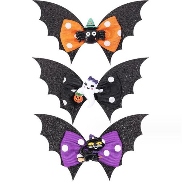 

children bow hairpin halloween elements double bat wings pumpkin head hair accessories, Slivery;white
