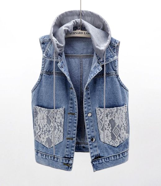 

summer plus size 5xl removable hooded denim vest women waistcoat lace splice pocket sleeveless jacket female short jeans vests3672570, Black;white