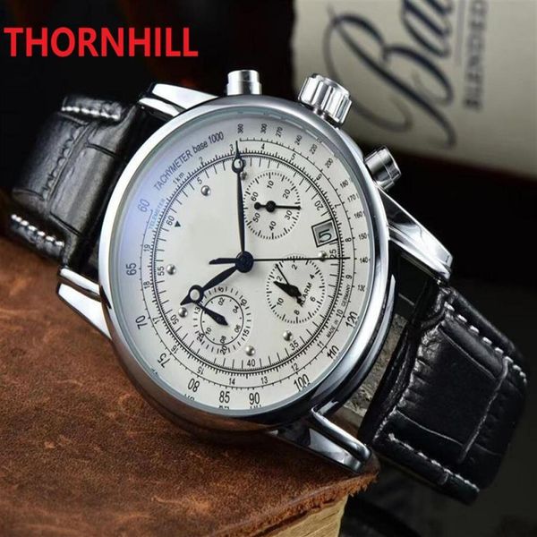 

multi functional iced out watches 40mm leather mens fashion men dress designer watch quartz chronograph movement sports wristwatch238p, Slivery;brown