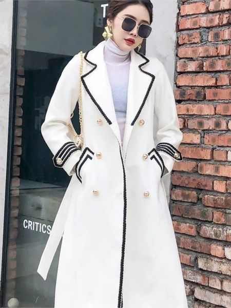 

women's wool blends white woolen coat women mid-length autumn/winter jacket coat british hepburn thicken slim black double-breasted coa