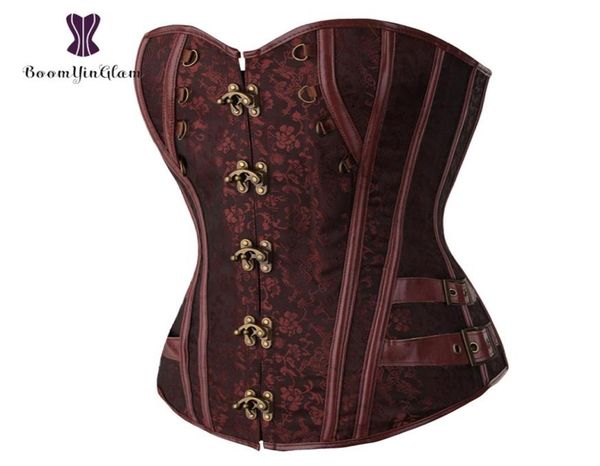

waist trainer brocade steampunk jacquard faux leather studded overbust brown corset bustier with chains s6xl 9169034053, Black;white
