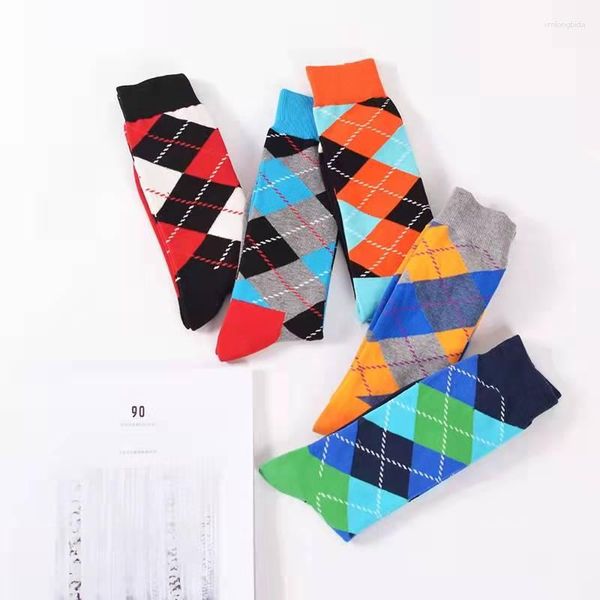 

men's socks retro men cotton dress happy argyle pattern wedding harajuku funky novelty gift streetwear hip hop ins cool skate color, Black
