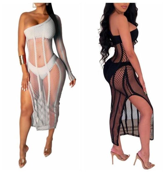

3pcsset beach cover ups 2021 new one shoulder high split bikini swimsuit bathing suit cover up beach midi dress22072205541027, White;black