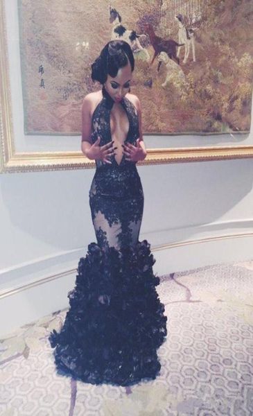

halter keyhole neck mermaid prom dresses 2018 backless black lace applique ruffles african evening gowns8589244