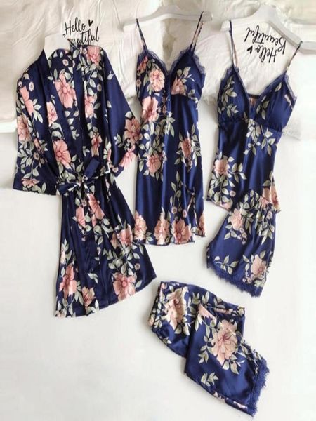 

women silk pajamas sets with chest pads flower print pijama sleepwear 5 pieces spaghetti strap satin spring pyjamas 2021 t1g1114166908060, Black;red