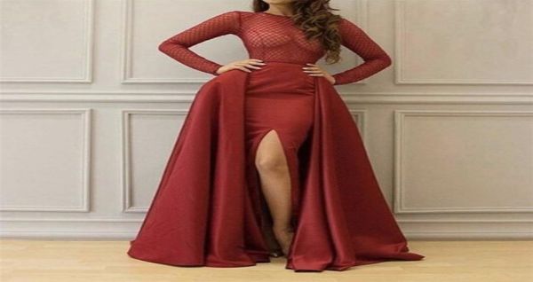 

fashion burgundy o neck lace long sleeve evenign gowns side slit hand beading mermaid prom dresses with overskirt4250266, Black