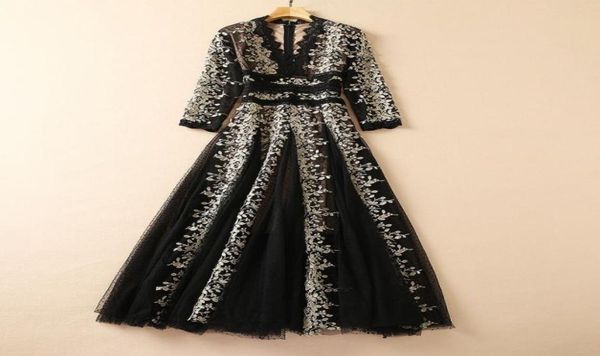 

717 xl 2021 spring summer brand same style dress long sleeve v neck a line mid calf luxury womens clothes flora print sh6633202, Black