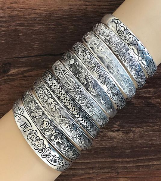 

new retro cuff bracelets tibetan silver metal carving fish elephant flower bangles vintage gypsy jewelry female gifts2418192, Golden;silver