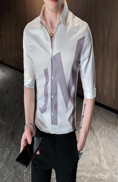 

2020 men shirt half sleeve letters printing casual slim fit shirt balck white camisa masculina streetwear social men clothes4133971, White;black