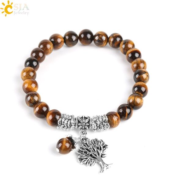 

csja natural tiger eye lucky gemstone beaded tree of life strand bracelets rosary reiki healing energy mala yoga beads men jewelry8240698, Black