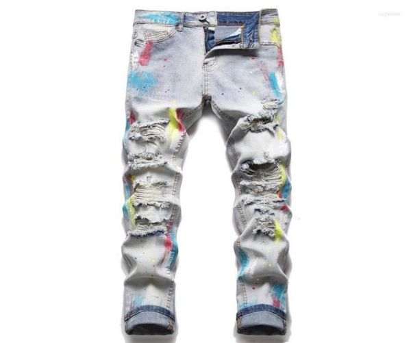 

men039s jeans splashink brush paint rainbow ripped trim soft cotton stretch season light blue cat whisker label high street fa1211997