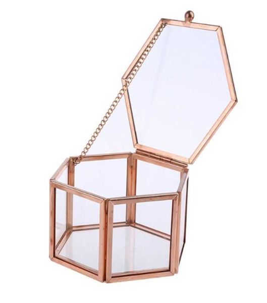 

hexagon transparent rose gold glass ring box wedding ring box geometric clear glass jewelry box organizer tableolder 2107136520175, Black;white